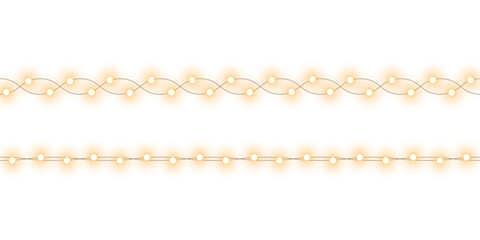 Warm glowing string lights or christmas fairy light overlay with soft warm white and golden yellow illumination for festive event celebration and home decoration on transparent background