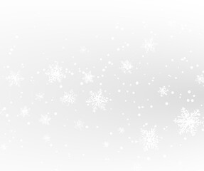 White snowflakes falling on transparent background. Light winter snowfall with multiple shapes and forms. Frosty air overlay for Christmas, winter holidays, or seasonal design