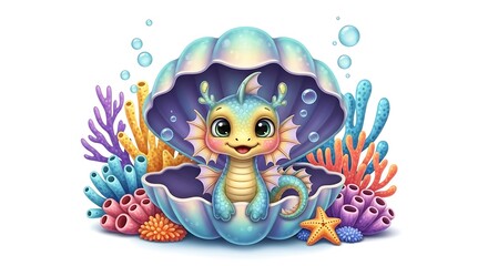 An adorable baby sea dragon with big eyes sits happily inside an open iridescent seashell surrounded by colorful coral.