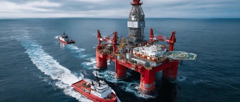 Offshore Oil Rig in Action: A monumental offshore oil rig, a testament to human engineering, stands proudly in the vast ocean, flanked by support vessels.