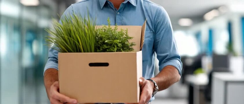 Dismissal and New Beginnings: A man holds a box filled with personal belongings, a visual representation of professional transitions, symbolizing a shift in employment, offering a view of change.
