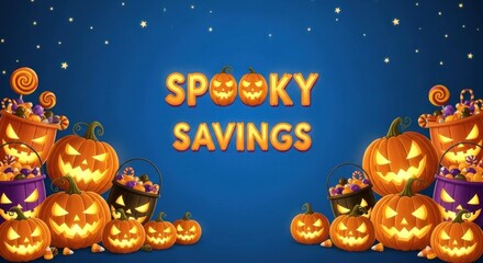 Spooky savings halloween sale banner with pumpkins and candy buckets on blue background
