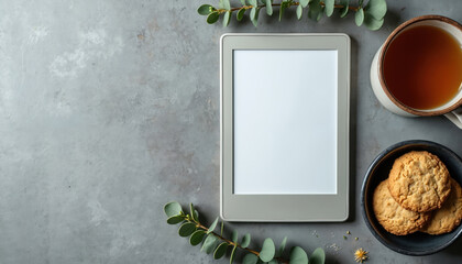 Blank ebook lies near cookies with tea cup on table. Digital reader with copy space, eucalyptus leaves. Flat lay shot for cozy home concept. Tech for reading books at home.