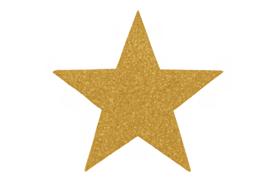 Golden glitter star icon representing success, quality, rating, award, reward, and achievement on a transparent background