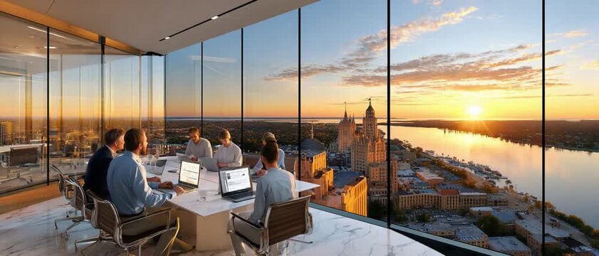 Sunrise Business Meeting: A dynamic team of professionals engages in a brainstorming session within a modern boardroom, as the sun ascends, casting a radiant light across the city skyline and river.