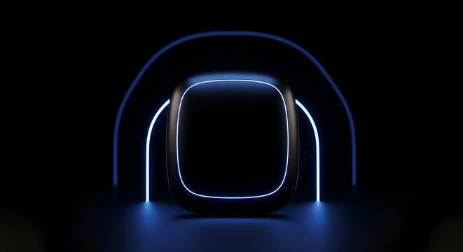 Modern futuristic product display with vibrant blue neon light accents against a dark background creates a captivating high-tech ambiance for sleek branding