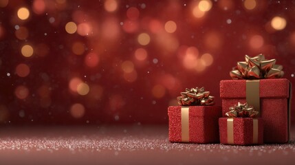 Obraz premium Assorted red gift boxes with ribbons among baubles and bokeh background. Christmas and New Year concept. Design for shopping ads, advertisement or banner with copy space for text.