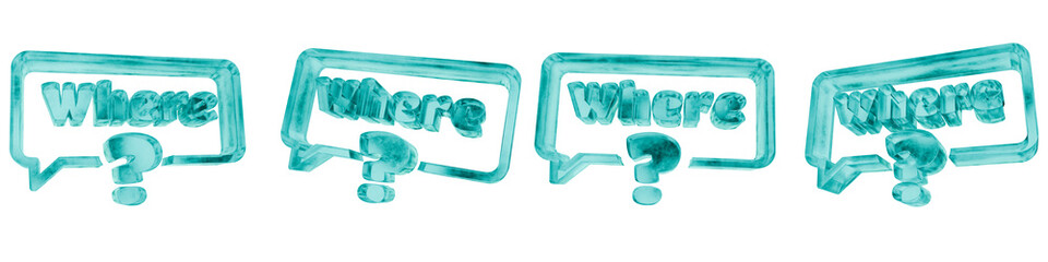 Set of four 3D where shapes in frosted blue ice glass style, isolated on a transparent background. Glassmorphism icons and 3D elements for modern graphic design.