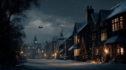 Obraz premium Snow falling over a charming village street at night with Christmas trees and Santa's sleigh
