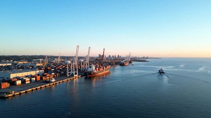 Freight port cargo ship export container terminal crane waterfront skyline sunrise working harbor bustling industrial tugboat busy logistics - Powered by Adobe