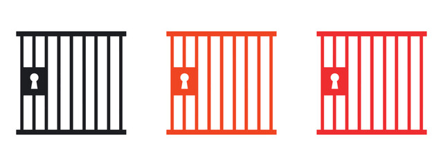 Striking Prison or Jail Silhouette Symbol. Features a Metal Cage with Bars and Lock—representing Crime, Justice, and Punishment. Essential icon for Legal, Security, and Social Issues graphics.