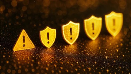 Golden warning symbols arranged in a row, reflecting caution and alertness in a digital landscape. Perfect for tech-themed visuals.