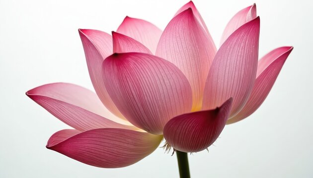 Close up of pink lotus flower with delicate petals. This beautiful blossom opens its petals revealing inner light. Floral macro image on white background.