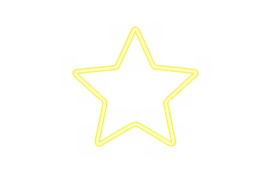 Yellow neon star outline glowing on transparent background, a bright electric light star shape icon