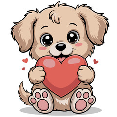 Obraz premium Adorable cartoon puppy holding a red heart with small hearts floating around cute