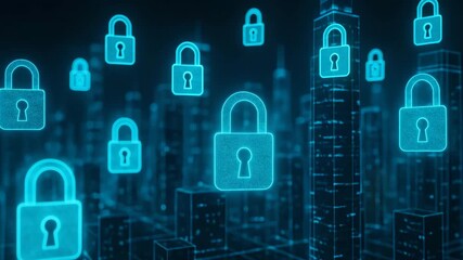 A futuristic cityscape illustrating digital security with glowing padlocks, symbolizing cyber protection and data safety. - Powered by Adobe