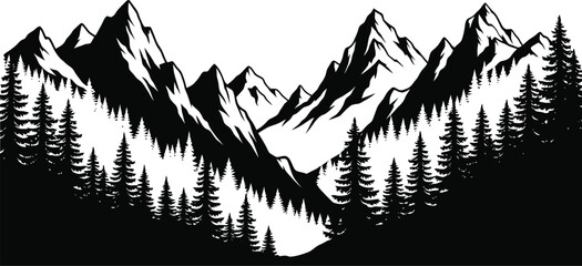 Majestic rocky mountains with pine trees in silhouette perfect for wilderness adventure banners and advertisements