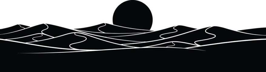 Serene minimalist desert horizon landscape featuring a setting sun and rolling sand dunes under a vast sky