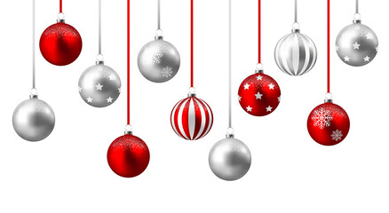 Silver and red christmas balls with snowfall	