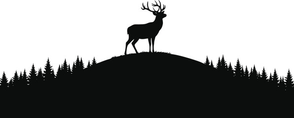 Elegant silhouette of a majestic deer standing atop a moonlit hilltop overlooking a serene forest at night © SHEULI