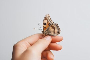 A close-up view of a butterfly gently perched on a person’s fingertip, symbolizing connection between humans and nature, fragility, and peace.