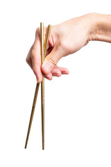 isolated of a man's hand holding a golden chopstick.
