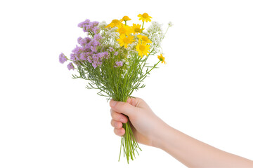 Close-up of a hand holding a bouquet of fresh wildflowers with pink, yellow, and white petals isolated on white background.