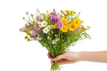 Close-up of a hand holding a bouquet of fresh wildflowers with pink, yellow, and white petals isolated on white background.