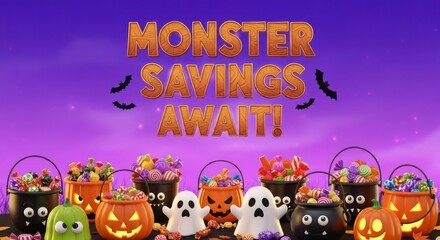 Monster savings halloween sale banner with ghosts, pumpkins and candy buckets