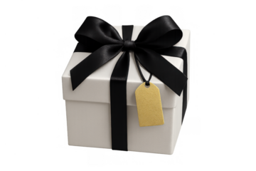 White gift box with black ribbon and blank golden tag, celebrating special occasions, isolated on transparent background