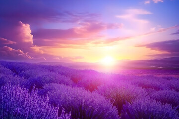 Dreamy lavender field at sunset with soft glowing light and flying butterflies.