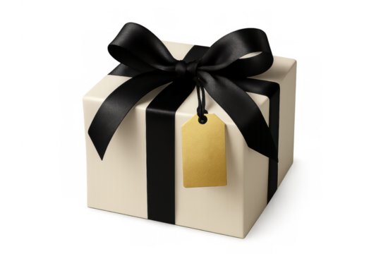 Elegant gift box with black ribbon and blank gold tag celebrating birthdays, holidays, and special events