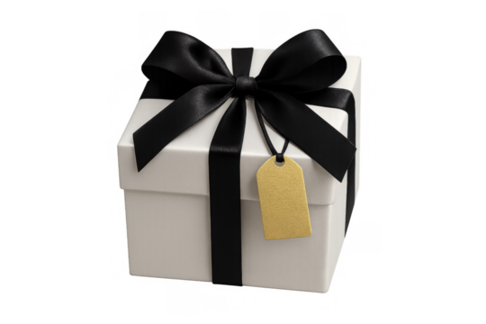 White gift box with black ribbon and blank golden tag, celebrating special occasions, isolated on transparent background