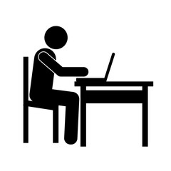 Black vector of a person sitting at a desk with a laptop, signifying corporate office work, remote productivity, and digital learning concepts.