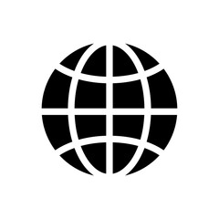 Black vector globe icon representing the Internet, worldwide networking, communication, global business, and digital connectivity on a transparent background.