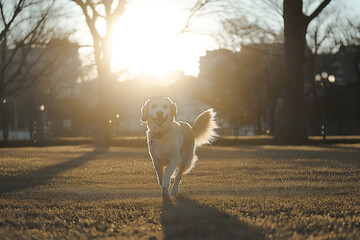 Cheerful Labrador retriever running through a sunny field of tall golden grass.
