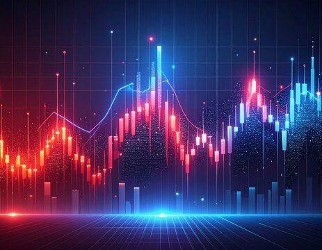 A vibrant, futuristic financial visualization featuring glowing red and blue candlestick bars and line charts against a dark background, resembling a high-tech city skyline, representing intense stock
