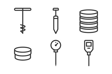 Geotechnical engineering icons: auger, penetrometer, core samples, pressure gauge, soil density.