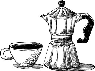 Sketchy moka pot espresso illustration. hand drawn moka pot espresso. coffee maker.
