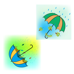 Umbrella, rain, wind on colorful background two sign