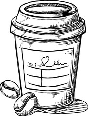 coffee cup hand drawn illustration. sketch coffee cup illustration. paper coffee cup and coffee beans sketch illustration
