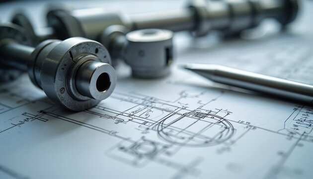 Metal machine parts lay on detailed technical blueprints. Precision components for engineering and manufacturing projects. A silver pen rests on the schematic diagram. - Powered by Adobe