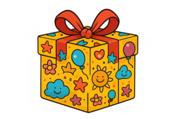 Cartoon birthday gift box with red ribbon and celebratory patterns, transparent background
