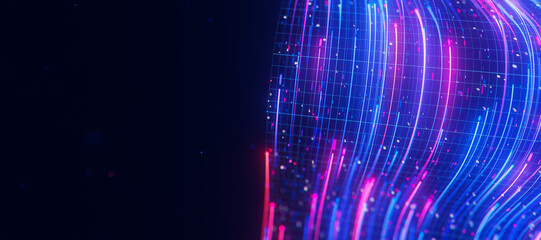 Obraz premium Bigdata light speed data flow wave closeup. Abstract digital data stream of quantum computing. Cyberspace of qubit trails. Modern tech information transmission.