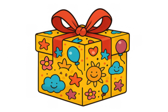 Cartoon birthday gift box with red ribbon and celebratory patterns, transparent background
