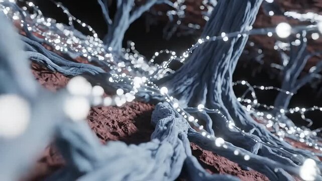 Close up view of blue tree roots on red soil with glowing lights in a dark environment