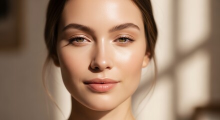 Close-up portrait of a young woman with glowing skin in natural light, soft makeup and delicate features, concept for skincare routine, beauty product promotion and cosmetic advertising