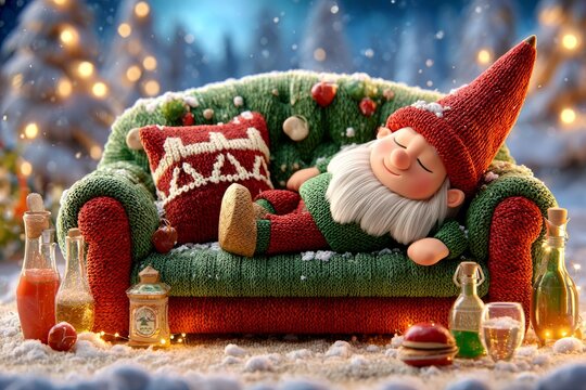 Preparativos festivos de Navidad y A&ntilde;o Nuevo con un gnomo durmiendo en un sof&aacute;