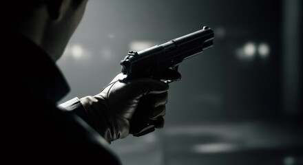 Man in black glove holding gun. Concept of crime, security, danger, or detective work. For thriller and mystery genres.