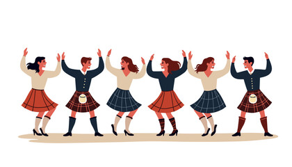 People dancing in traditional Scottish attire celebrating Hogmanay 